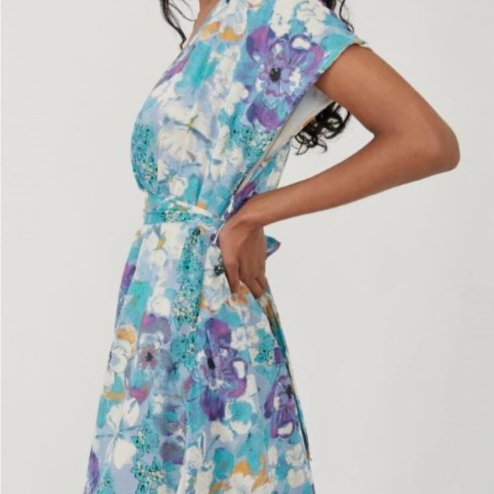 Free People Blue & Purple Floral Midi Dress with Tie Waist
